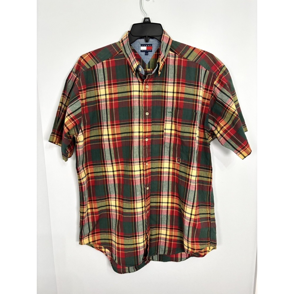 Tommy Hilfiger Button Down Shirt Vintage Mens Plaid L Short Sleeve Casual Y2K